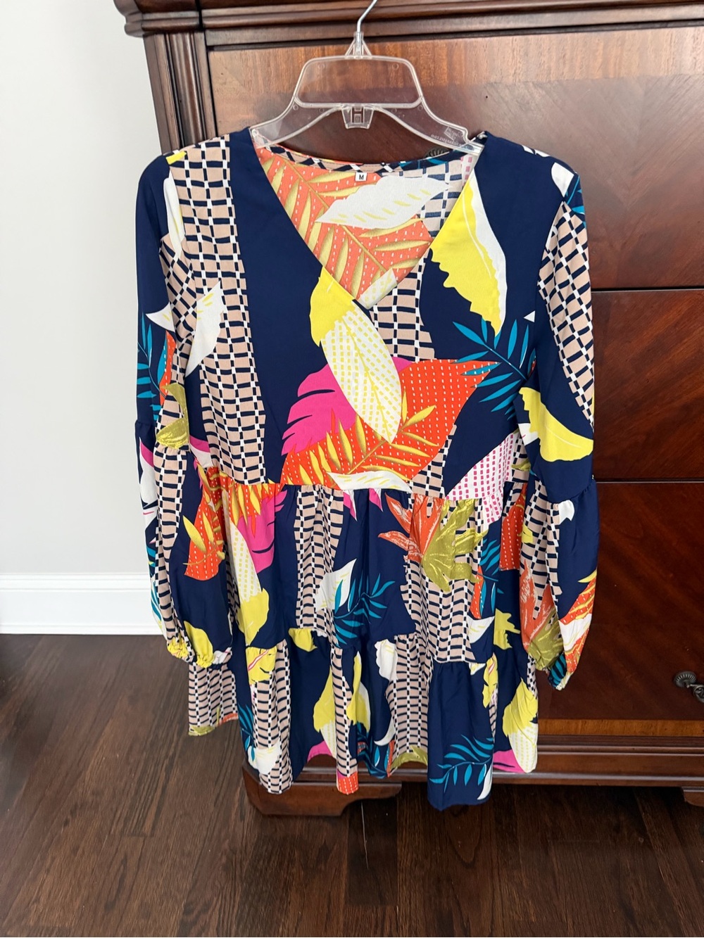 Navy Floral V-Neck Tiered Tunic with Bright Tropical Print